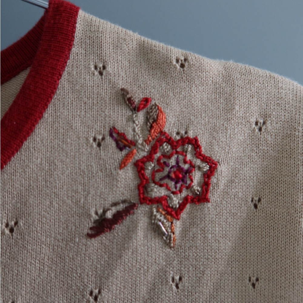 Embroidered Beige Kids Top with Red‎ Accents - Picture 2 of 6